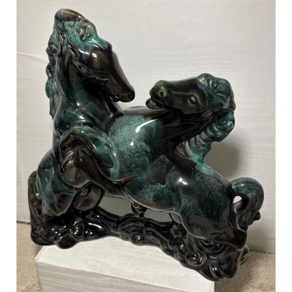 Wyatt Art Pottery Rearing Horses Figure Green Black Drip Glaze 11.75" Canada - Picture 3 of 12